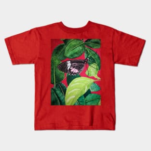 Black and pink butterfly watercolour painting with leaves against a bright red background Kids T-Shirt